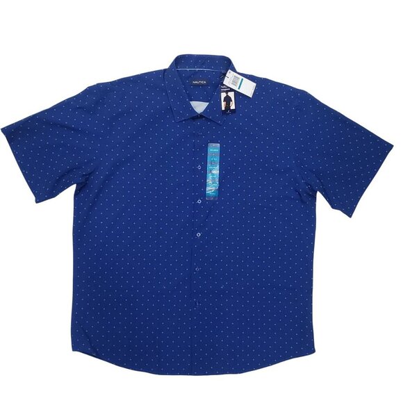Nautica Performance Dress Shirt SS Blue Geo Stretch Cooling Mens XXL NWT Flaw - Picture 1 of 10